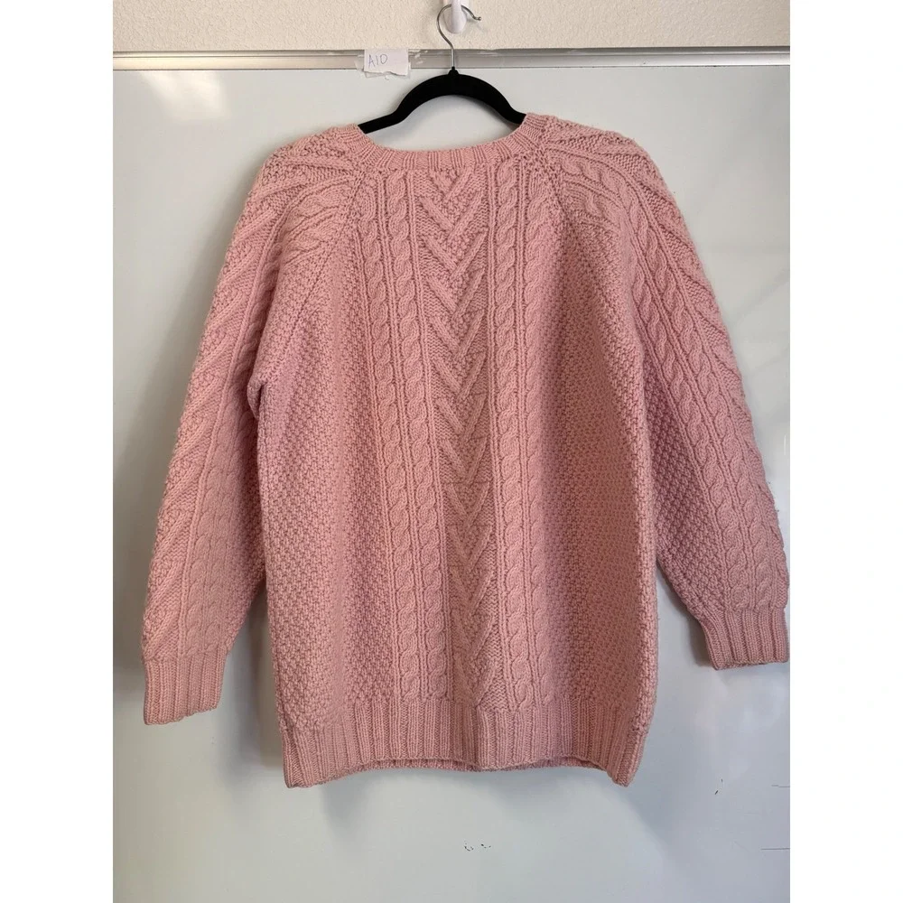 Talbots Vintage Pink Handmade 100% Wool Cable Knit Sweater Button Shoulder Large